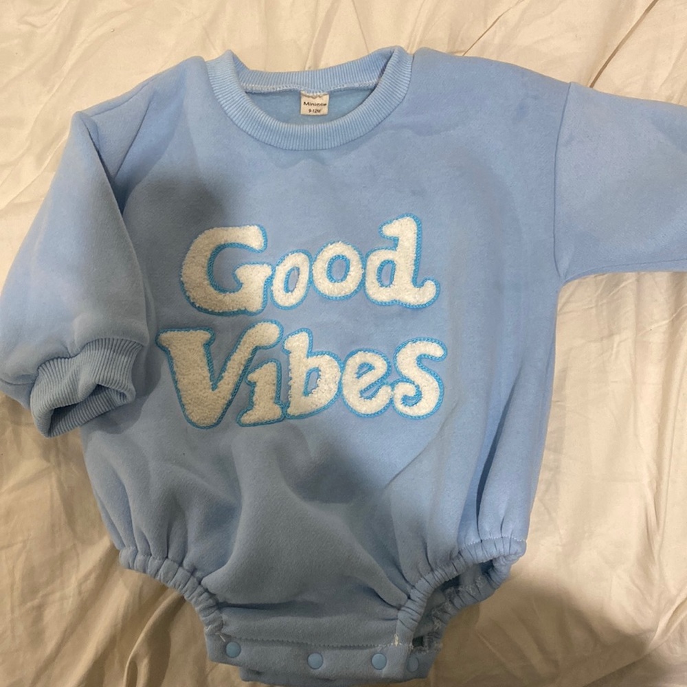 Baby blue “good vibes” romper